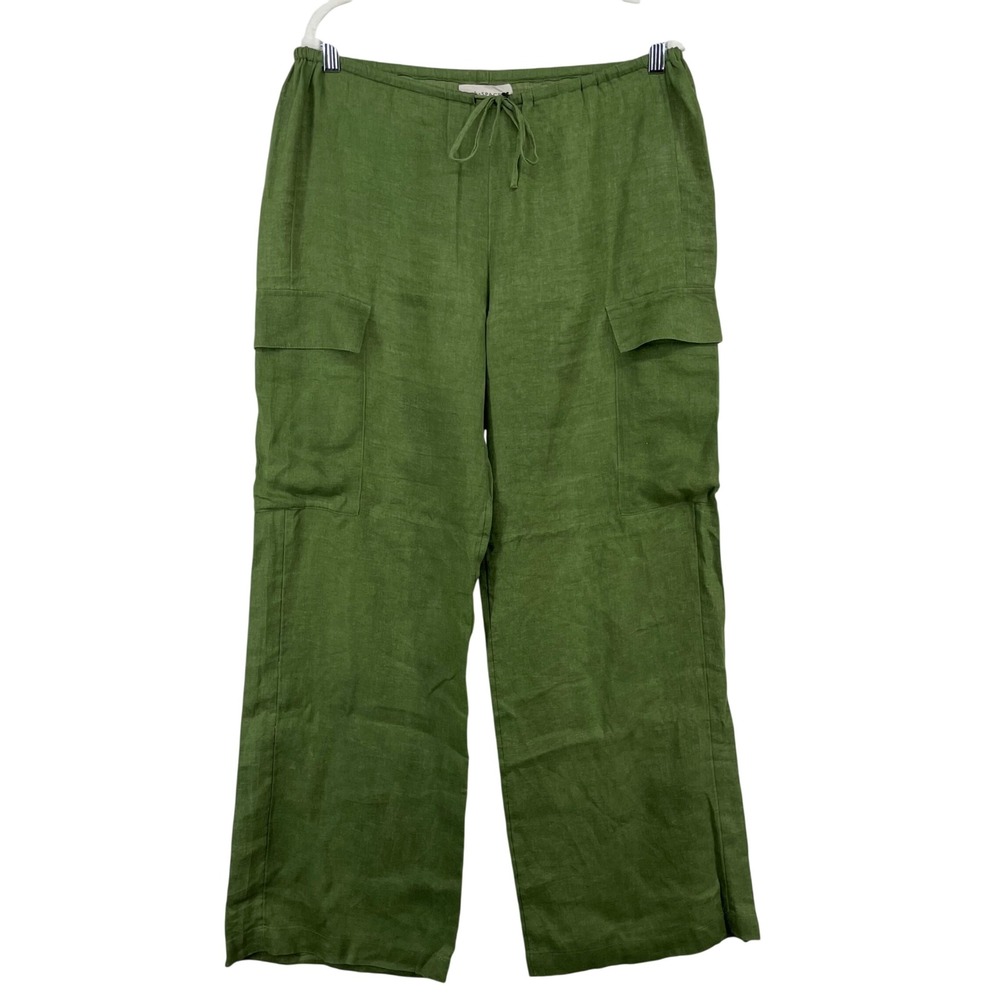 L*Space Size Large Cargo Pants Green 100% Linen Wide Leg Drawstring Women